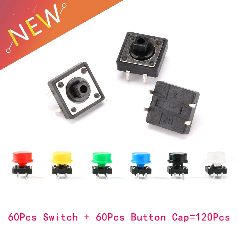 

120Pcs=60pcs Plastic Tactile Switch PCB Tact Push Button Momentary Switch 4 Pins + 60pcs 6 Color Button Cap 12*12*7.3mm