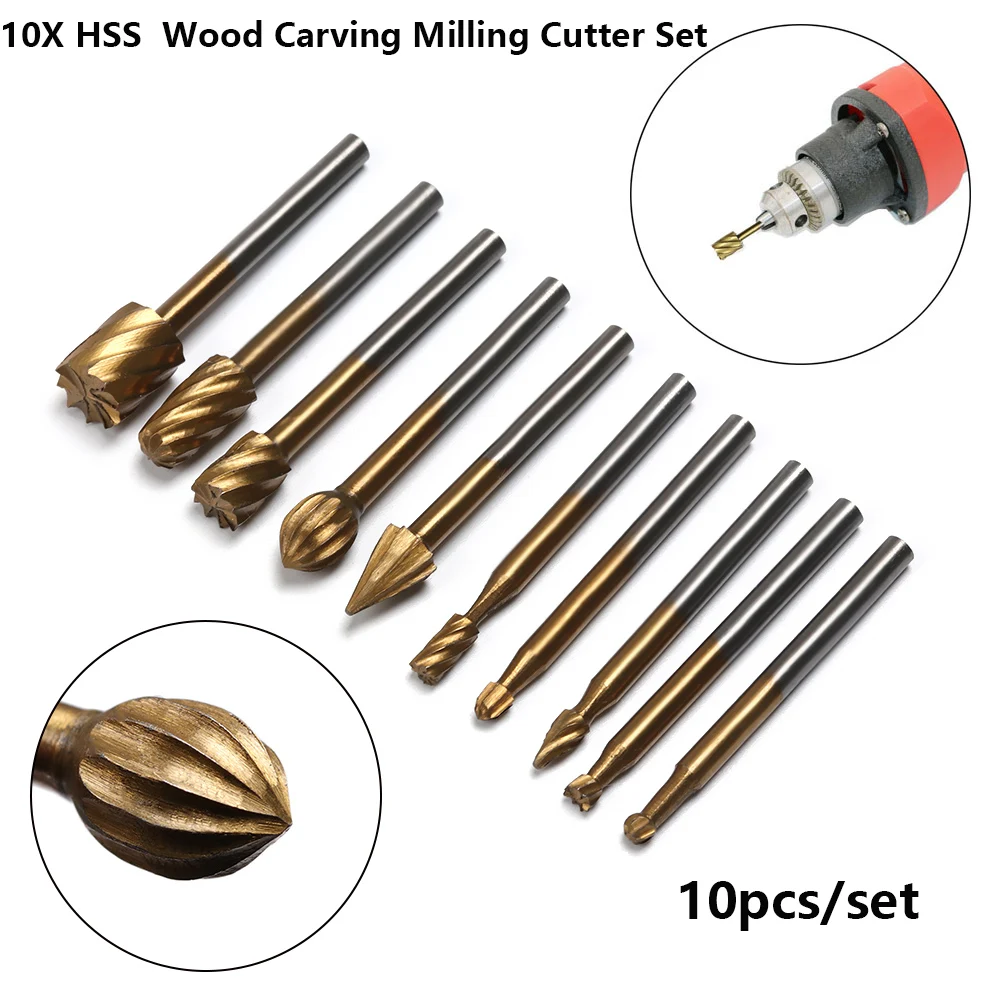 

10pcs HSS Titanium For Dremel Routing Rotary Milling Rotary File Cutter Wood Carving Carved Knife Cutter Tools Accessories