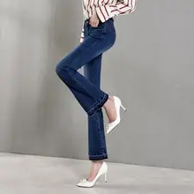 Женские ботинки вырезать джинсы плюс Размеры Flare Брюки Girls Бизнес Повседневный синий колокол дно офис LadyTrousers