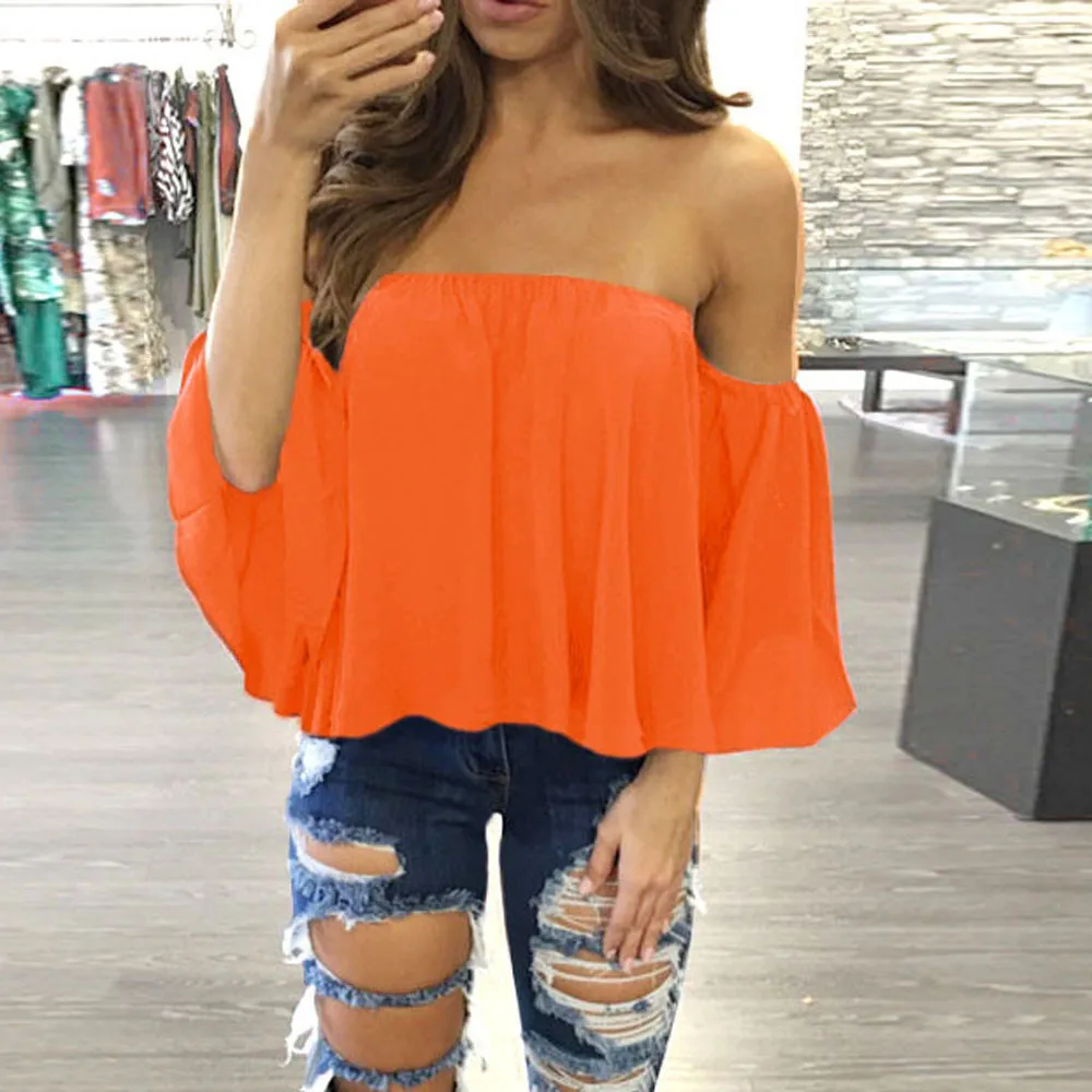 

FEITONG Off Shoulder Blouse Summer Women Sleeveless Pullover Orange Shirt Casual Chiffon blusa de rayas Blouse *15