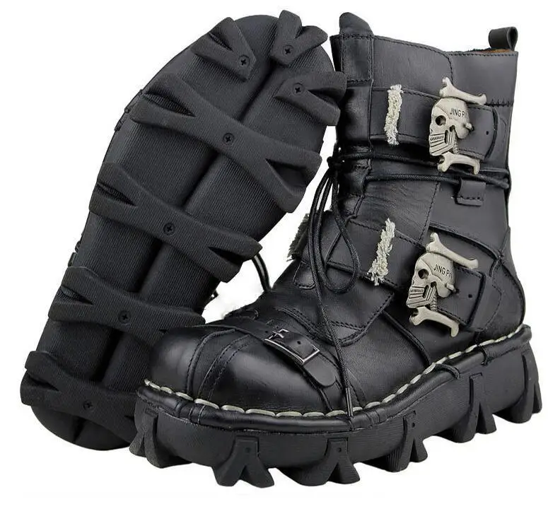

Mens Punk Leather Lace Up Buckle Gothic Motorcycle Combat Boots Shoes New Metal Decor B177