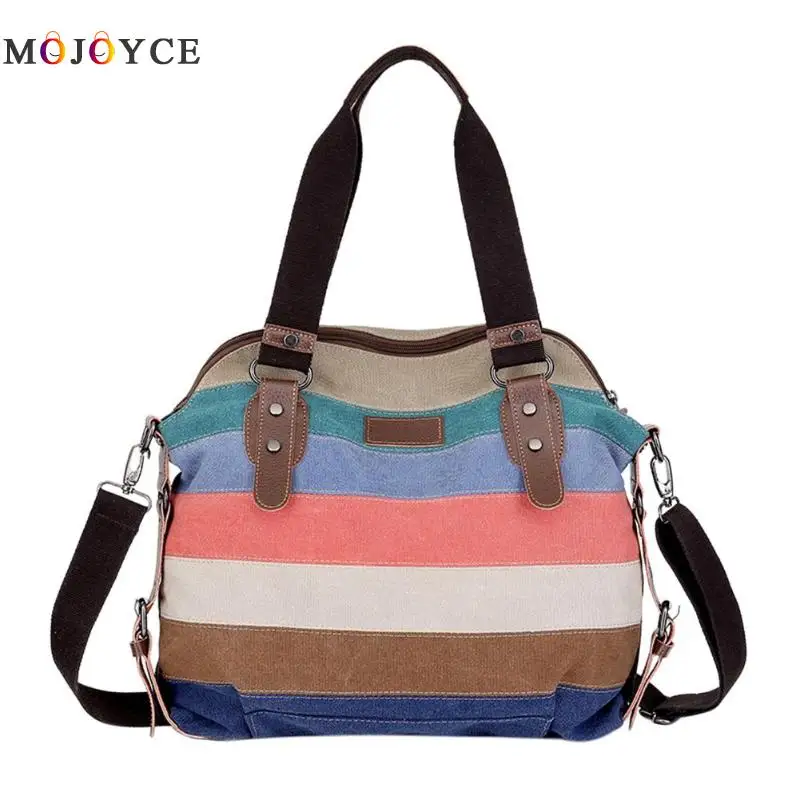 

Women Colors Patch Striped Canvas Travel Tote Female Handbag Casual Large Shoulder Bag