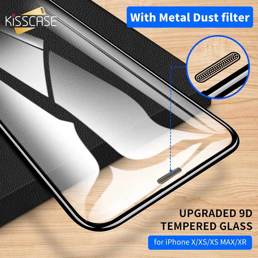 KISSCASE Metall Staub Filter Mesh Gehärtetem Glas für iphone XR XS X 9D Gebogenen Rand Display-schu