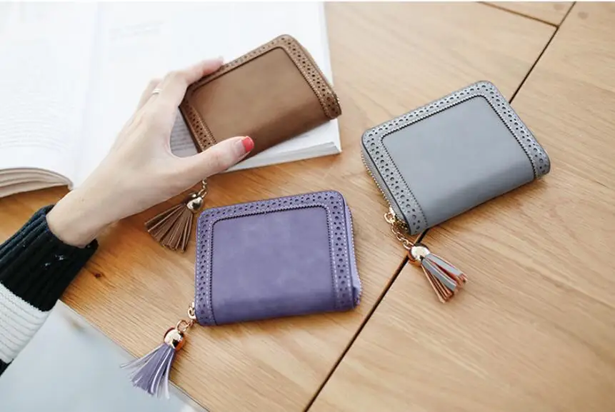 Angelatracy New Arrival Distress Solid PU Leather Card Hollow Out Women Coin Tassel ID Set Credit Card Holder CardHolder