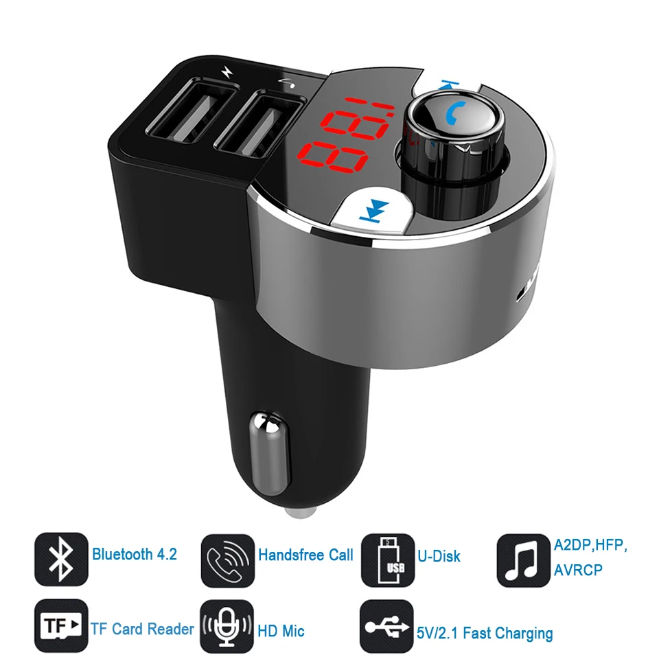 

Bluetooth FM Transmitter 4.2 Radio Adapter Car Kit with 5V/2.4A USB Car Charger MP3 Player Support U-Disk TF Card Hands-Free