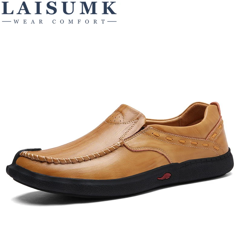 

LAISUMK Brand Genuine Genuine Leather Shoes Men Flats Spring Autumn Fashion Slip On loafer Men Casual Shoes