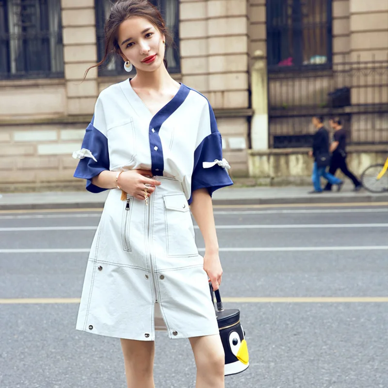 

2018 Simple Summer Open Wire Hit Color Metal Buckle High Waist Vent A A-line Skirt Easy Comfortable Short Skirt Woman
