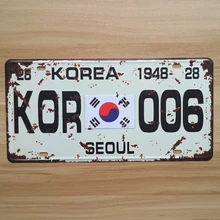 RONE128 Винтаж автомобильные регистрационные знаки "KOR-006 Сеул Корея" винтажные металлические жестяные знаки для гаража дощечки с рисунком Рисунок 15x30 см