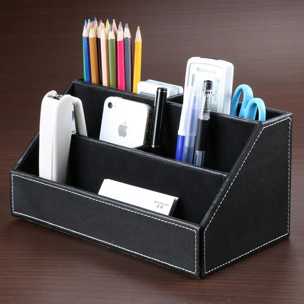  Home Office Wooden Struction Leather Multi-function Desk Stationery Organizer Storage Box Pen/Penci