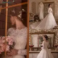Vestido de noiva 2019 Custom Made Long Sleeves Lace A Line Wedding Dress Sparkly Robe de mariee Beads Pearls Wedding Gowns