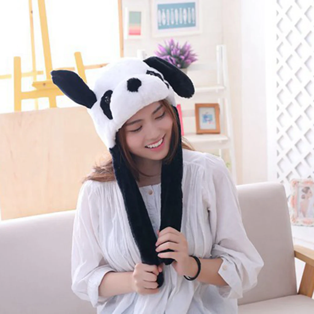 Black White Panda Hat Ear Moving Jumping Hat Funny Animal Design Plush Warm Hat Cap for Womens Girls