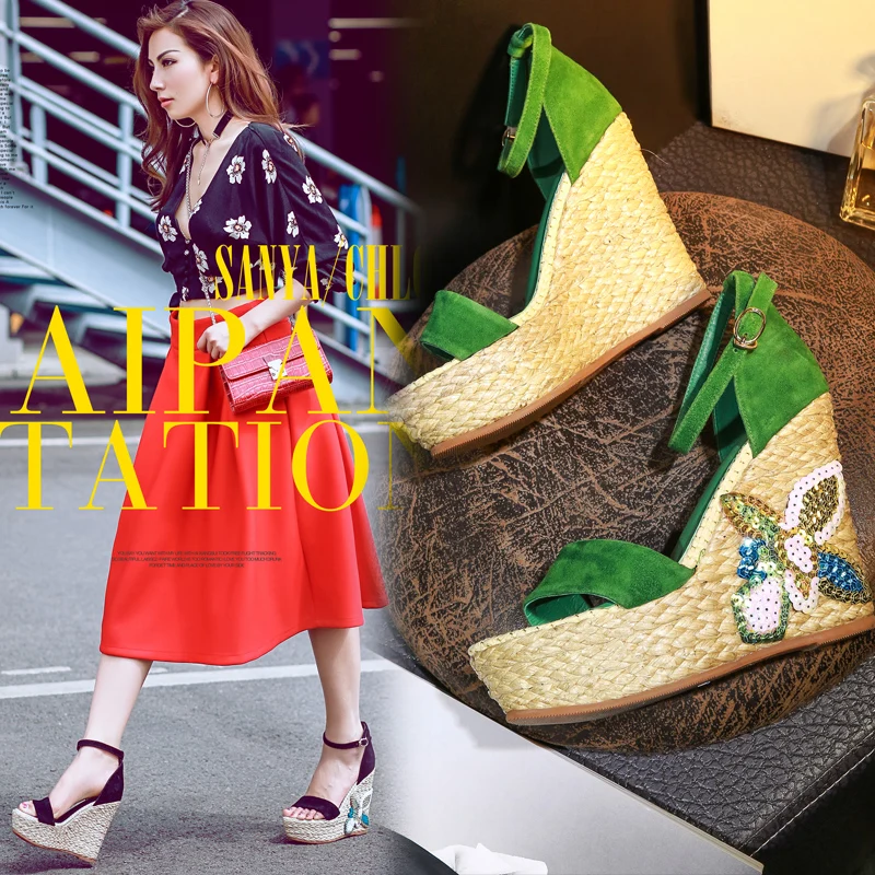 

2019 New vangull One-line buckle wedge with high heel open toe Mature sexy high thin Commuting leisure fashion Ladies sandals