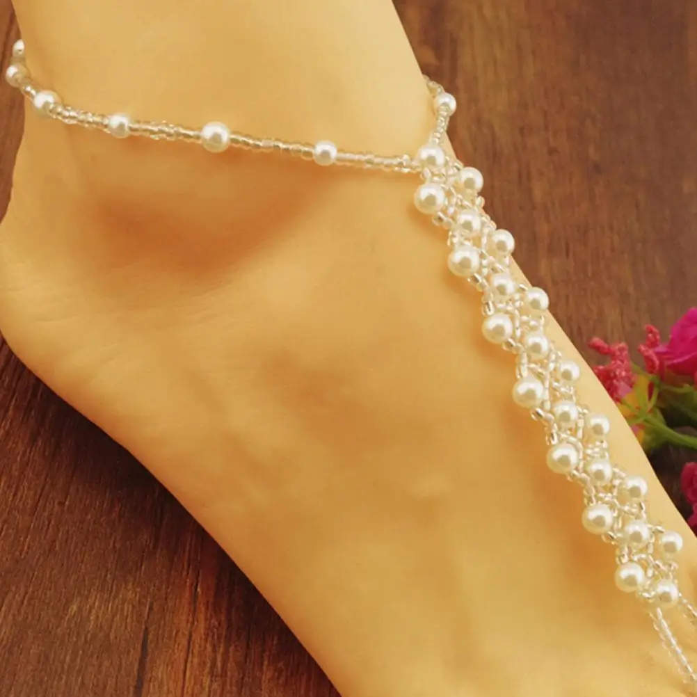 1Piece Women Faux Pearls Anklets Footless Bridal Charm Foot Jewelry Beach Wedding Pearl Stretch Anklet Chain Hot Sale