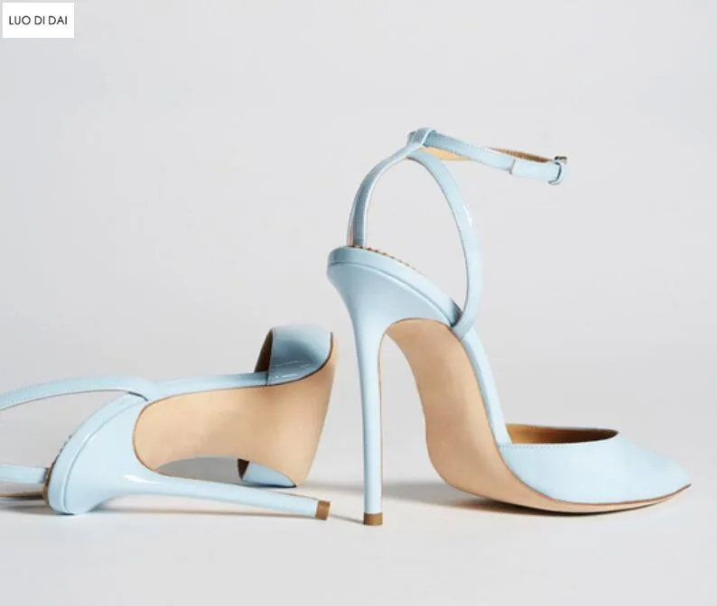 Новые женские синие туфли-лодочки на высоком тонком каблуке с ремешком на щиколотке вечерние туфли светло-голубые туфли-лодочки модельные туфли свадебные туфли на тонком каблуке