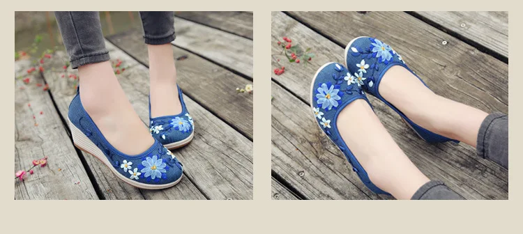 Летние женские туфли-лодочки льняная обувь Тканевая обувь на танкетке с цветочной вышивкой Женские туфли на платформе для танцев zapatos mujer