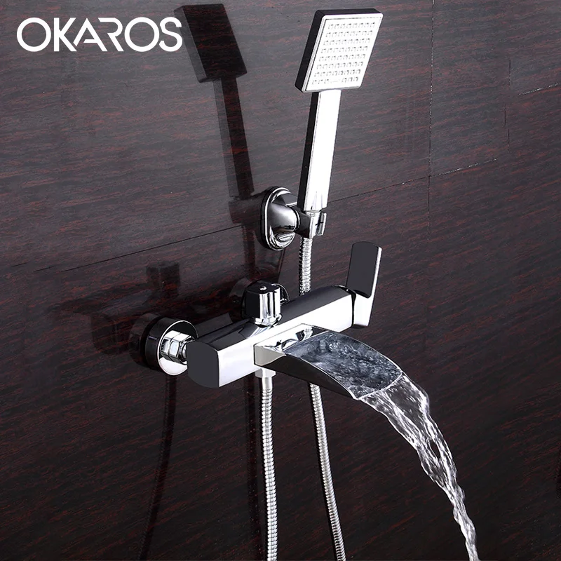 OKAROS Brass Chrome Finished Shower Faucet Set Cold Hot Water Single Hand Bathtub Faucets Square