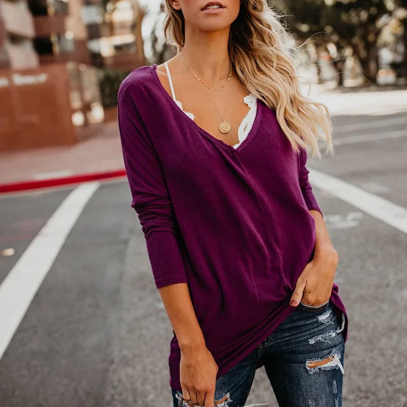 

Fall Clothing for Women Long Batwing Sleeve Shirt V-Neck Tshirt Autumn Solid Tops Oversized T Shirt Casual Loose Streetwear