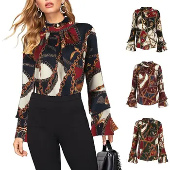 

New 2019 Womens Chain Print Shirt Print Flare Sleeve Ruffles Ladies Spring Autumn Fashion Slim Casual OL Work Casual Blouse Tops