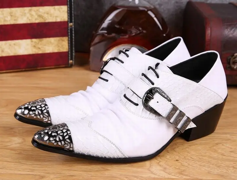 Blanc Richelieus Mode Hommes Pointu Véritable De Robe White Soirée Main Chaussures Cuir Haute Bout Talons En La Mariage À Boucle Avec rPvCrn