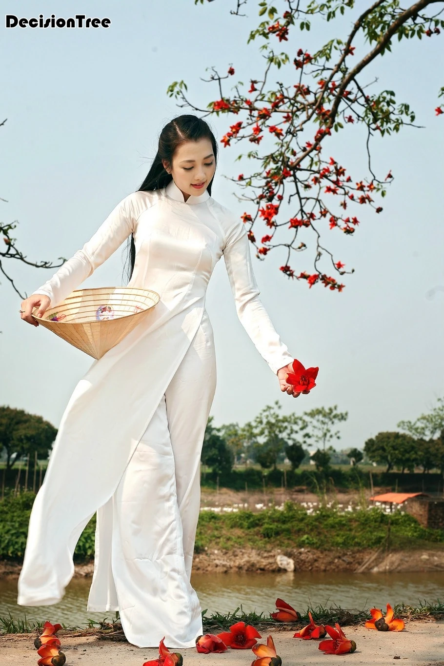 Белая женская традиционная вьетнамская одежда aodai вьетнамские халаты и брюки вьетнамские костюмы Улучшенный чонсам