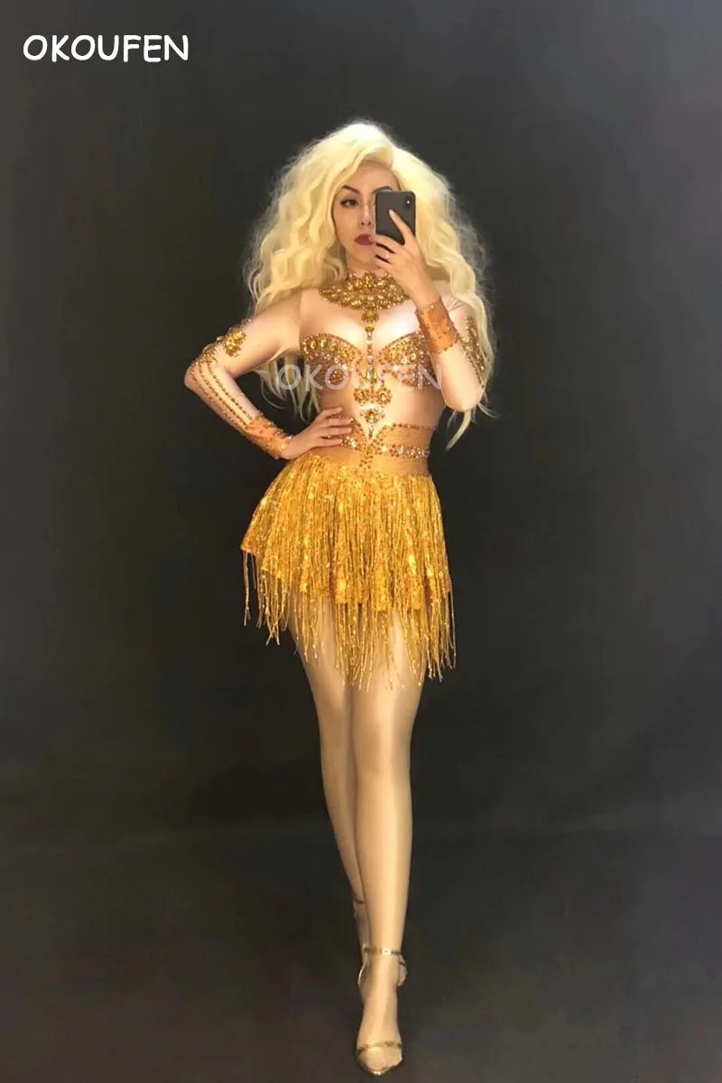 

Sexy Gold Rhinestones Tassel long sleeve short bodysuits Bar singer dj stage wear Women's Birthday Party Celebrate Outfit