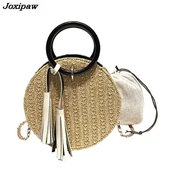 

2 bag 2018 Summer Fashion New Handbag Hand-woven Straw Female Round Phone bag Portable Beach bag High quality Chain Shoulder bag