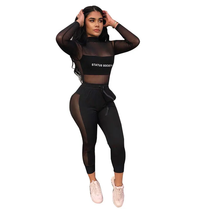 

2019 Fashion 2 Piece Women Set Mesh Bodysuit Letters Print Jump Suit Sexy Long Sleeve Women Rompers Mesh Bodycon Length Pants