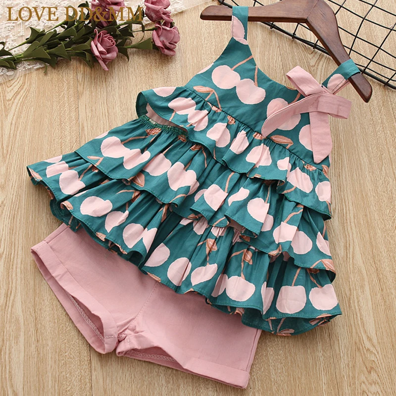 

LOVE DD&MM Girls Sets 2019 Summer New Children's Clothing Girls Bow Strap Flowers Multi-Layer Jacket + Solid Color Shorts Suit