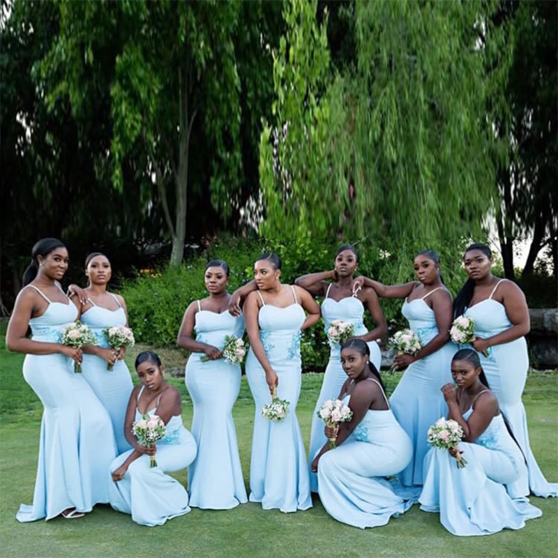 Светло-Небесно-голубое платье подружки невесты платье Русалка на бретельках стильное простое свадебное платье для вечеринки эластичное атласное длинное платье подружки невесты