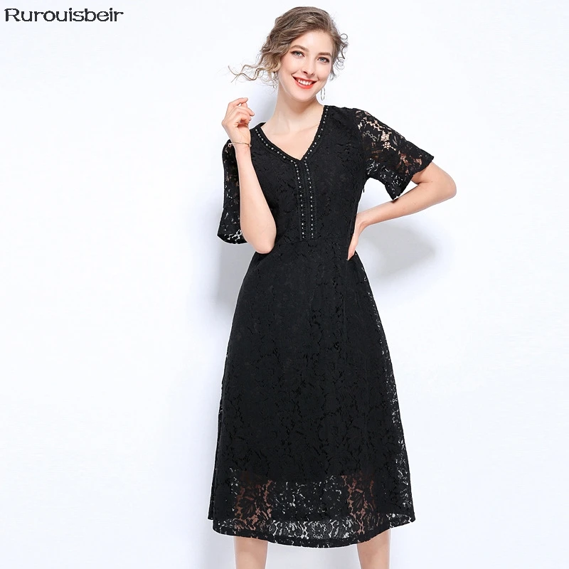 2019 темперамент дамы кружева платье Винтаж Hollowout короткий рукав Sexy середины икры