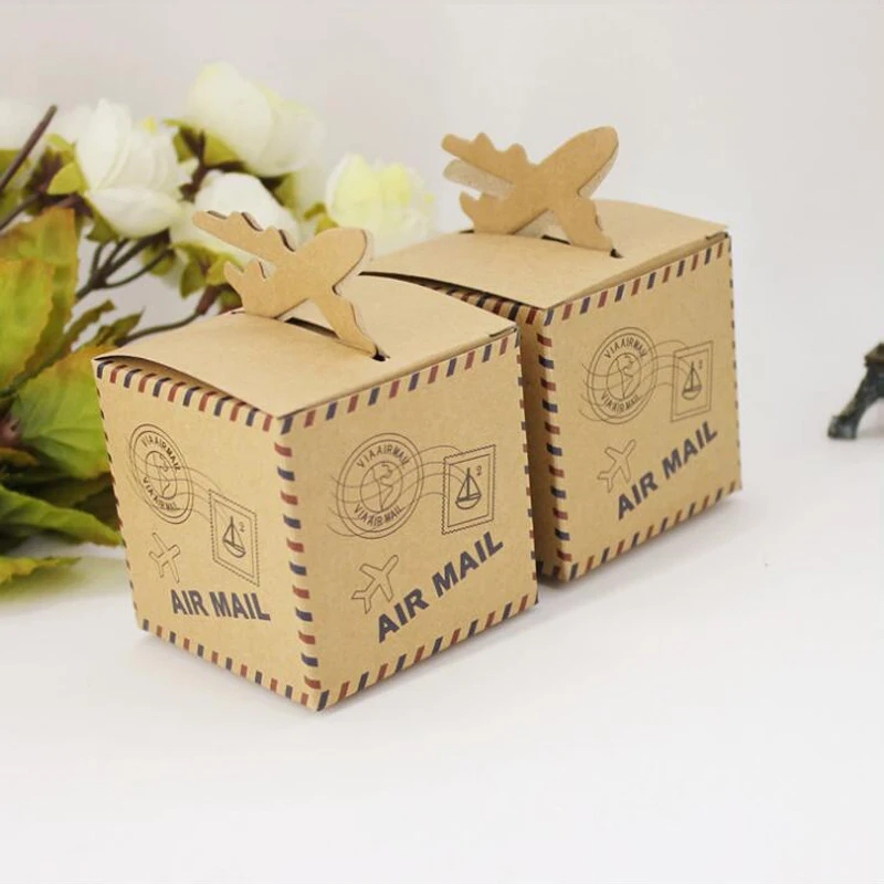 

Retro aircraft Natural Kraft Paper Wedding Candy Boxes with Hemp Rope Brown Paper Square Favor Candy Boxes Supplies