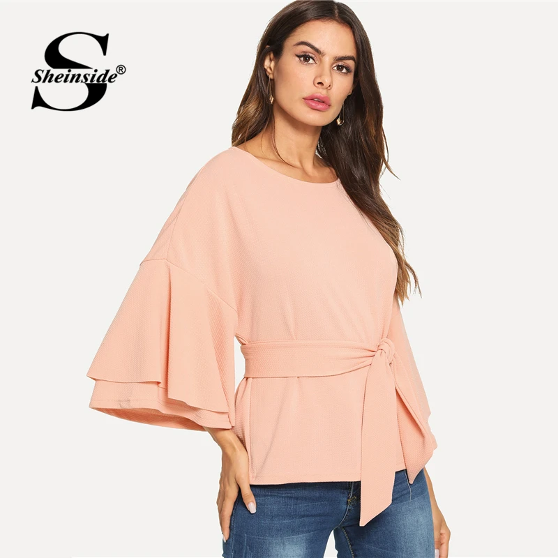 Sheinside Pink Butterfly Ruffle Sleeve Belted Casual Blouse Women Tie Front Solid Womens Tops and Blouses Elegant Autumn Top Blouses