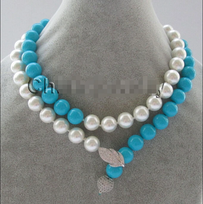 

FREE shipping>>>>>>35" 12mm white+blue stone color perfect round south sea shell pearl necklace