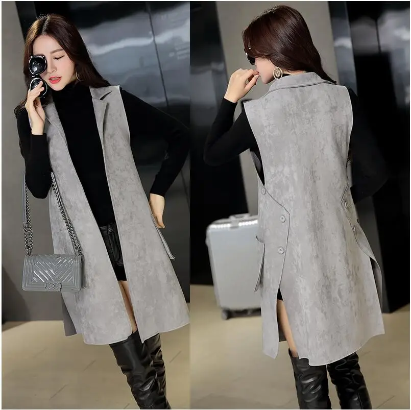 

New Everyday Side Buttons Separation artificial suede vest long coat female solid pockets soft Open Stitch Colete feminino Tops