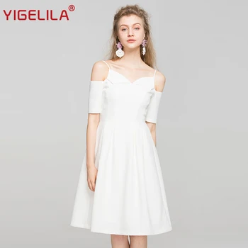 

YIGELILA 2019 Latest Women White Spaghetti Strap Dress Fashion Off Shoulder V-neck Backless Solid Empire Slim Party Dress 63214