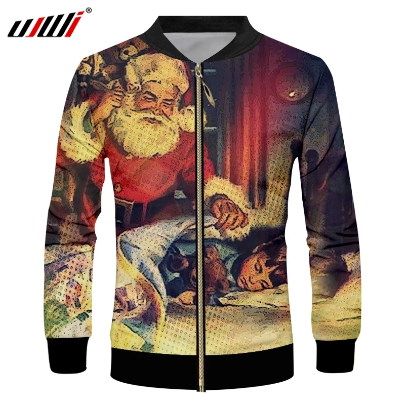 UJWI Winter Christmas Man Zip Jacket 3D Printed Santa Claus And Lovely Christmas Jacket