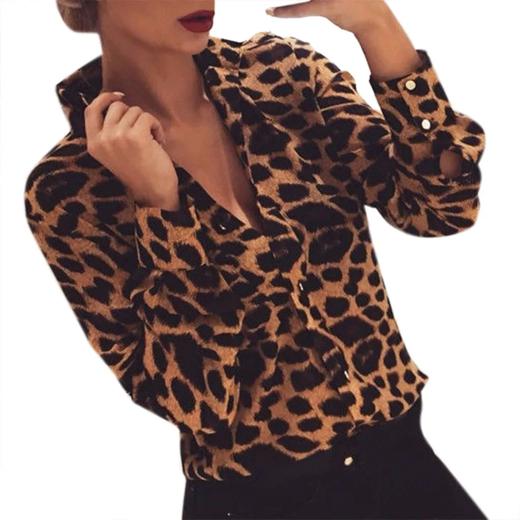 

Casual womens tops and blouses Long Sleeve Leopard Print Pocket Tops Button Loose Shirt blouse women clothing female