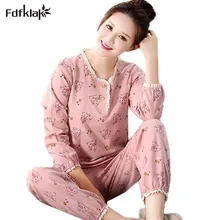 Высокое качество новые хлопковые пижамы для женщин с длинным рукавом осень зима пижамы O-Neck плюс размеры печати Пижама femme