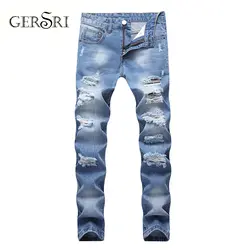 Gersri мужские Плиссированные джинсы для байкеров Брюки Slim Fit дизайнерские мотоциклетные джинсовые брюки для мужчин рваные хлопковые джинсы
