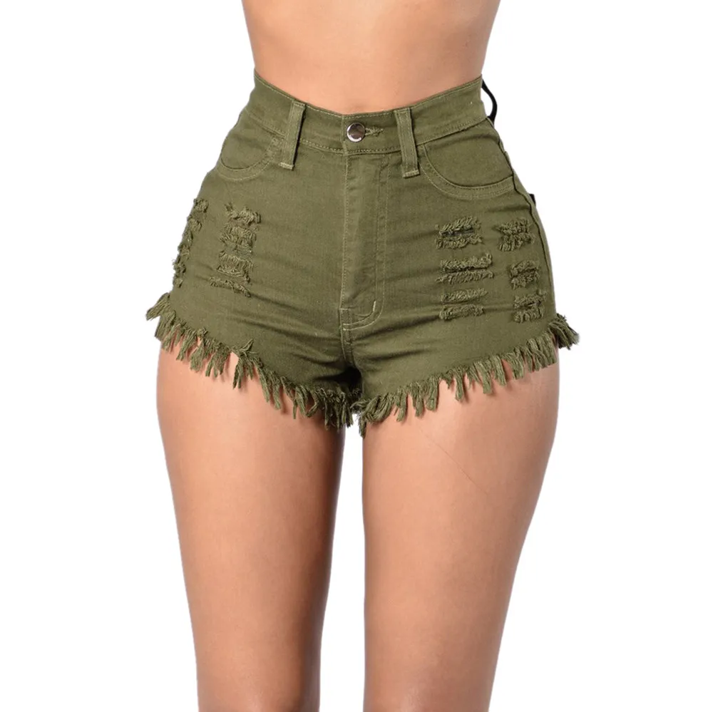 

Fashion Women Summer Solid Color Green Red High Waist Ripped Tessels Hole Denim Jeans Beach Pants Hot Shorts Girl's Jeans Briefs