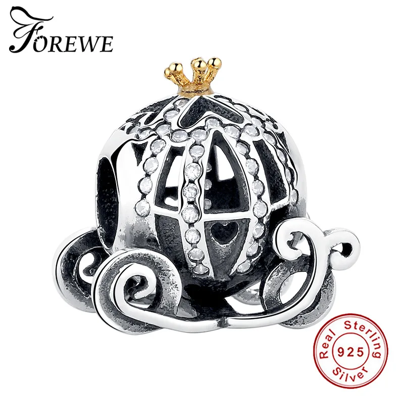 

FOREWE 100% 925 Sterling Silver Openwork Cinderella's Pumpkin Charm Fit Pandora Bracelet Gold Color Crown DIY Jewelry Making