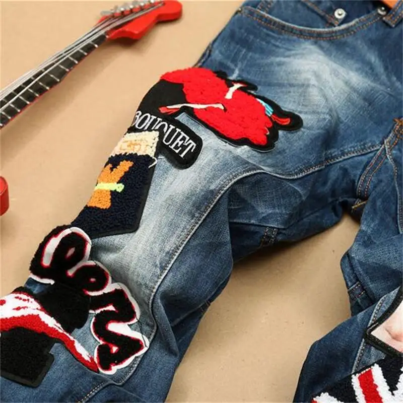 2018 new men jeans American style 100% cotton denim hip hop patchwork of national flag fashion jeans men #597