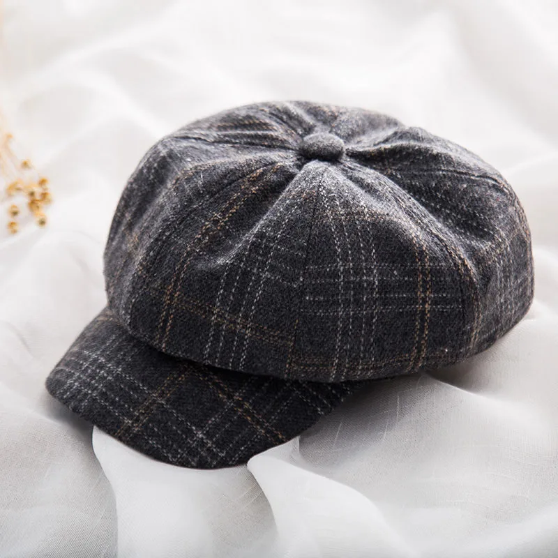 Женская восьмиугольная шляпа осенне-зимняя винтажная хлопоковый берет, повседневные шляпы Newsboy для девочек, Женская клетчатая восьмиугольная кепка - Цвет: Dark grey