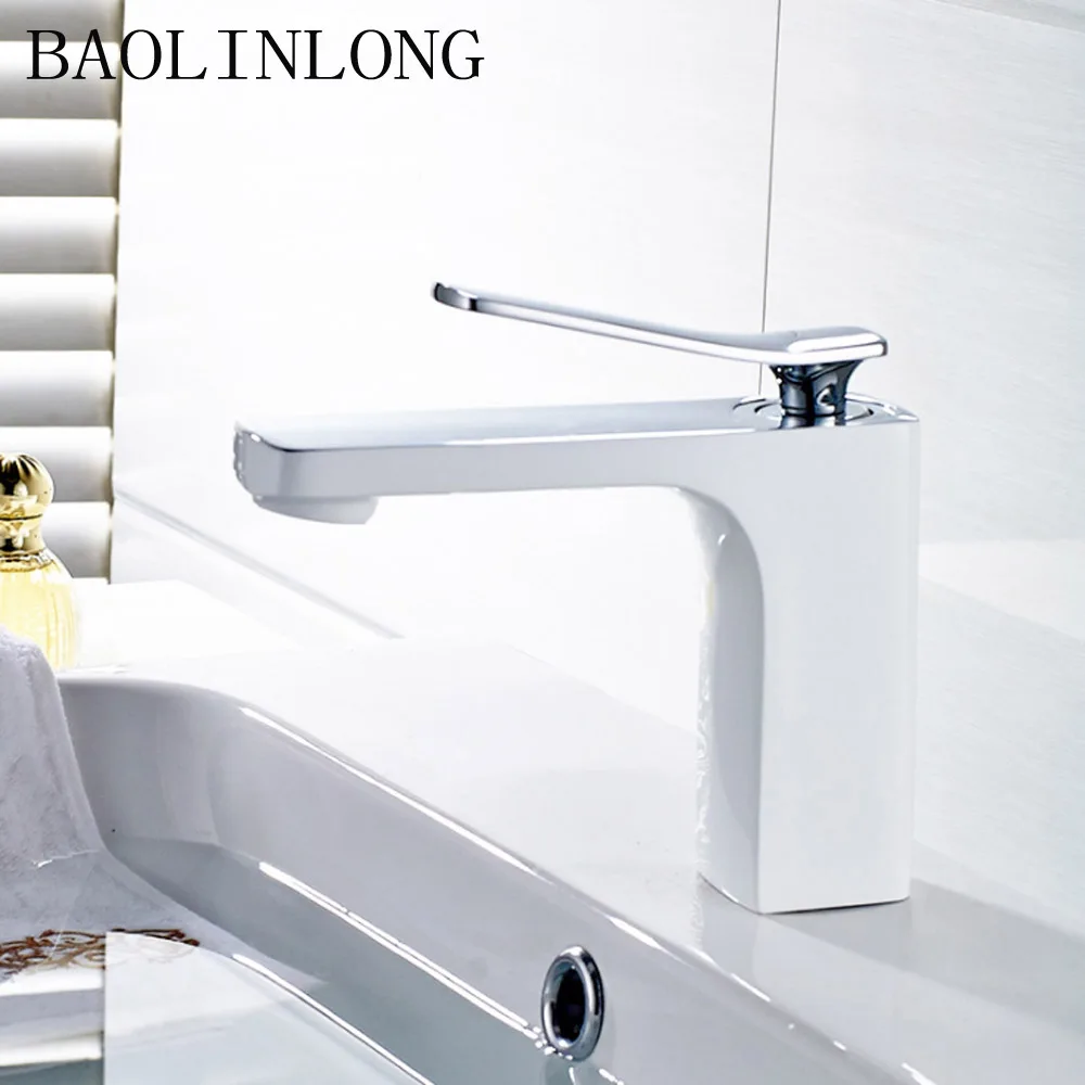 

BAOLINLONG Baking Finish White Basin Bathroom Faucets Deck Mount Vanity Vessel Sinks Mixer bath Faucet Tap