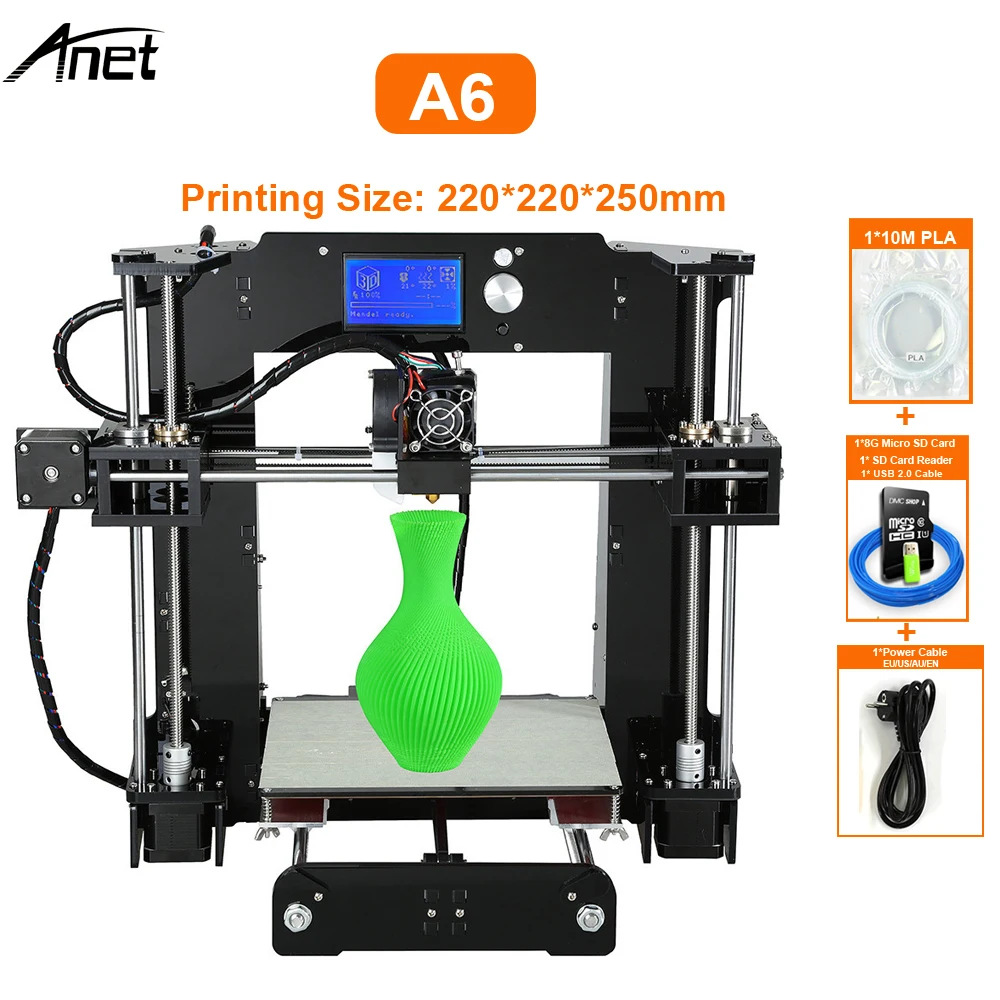 Anet A6 размер 220*220*250 мм 3d Принтер Комплект Reprap Prusa i3 DIY Полный комплект нить 16 Гб sd-карта и программное обеспечение и видео и инструмент бесплатно