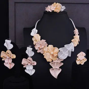 

GODKI Luxury Lotus Leaf 3 Tone Mixed Women Wedding Cubic Zirconia Necklace Earring Saudi Arabia Jewelry Set Jewellery Addiction