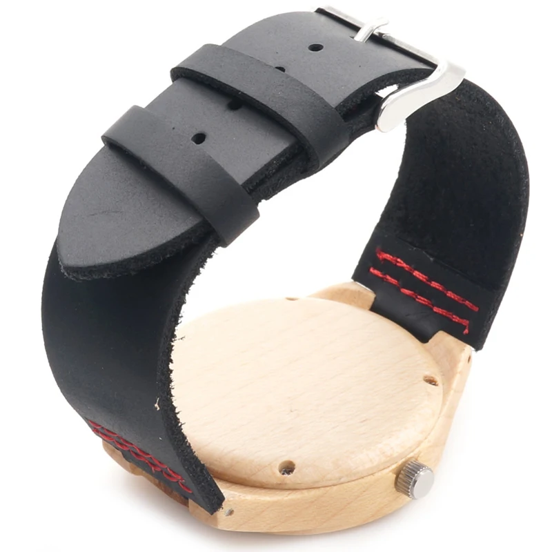 BOBO BIRD Round Vintage Men's Watches Bamboo Maple Top Luxury Brand Genuine Leather Wristwatches Dress Watches For Men