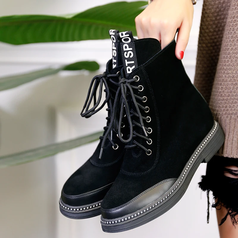 

SHEHUIMEI 2018 Women Shoes New Stitching Cow Suede Martin Boots Cross-tie Motorcycle Boots Warm Ankle Boots Ladies Shoes Botas