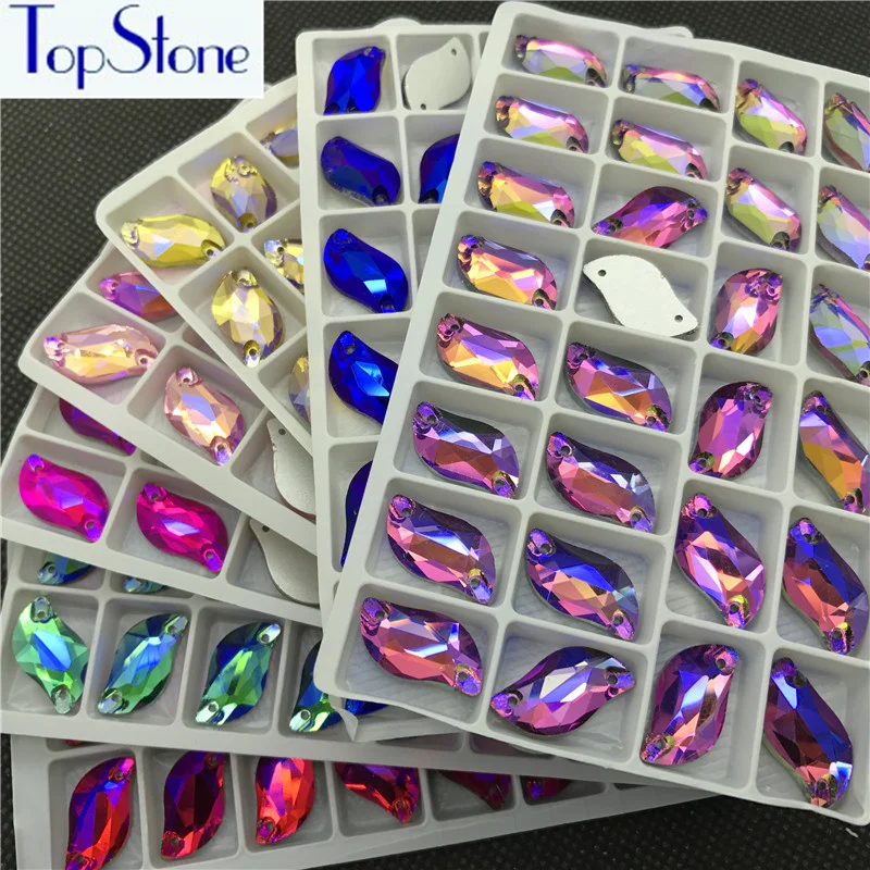 Topstone s-образные пришивные стразы плоские стеклянные кристаллы 6x12 10x20 мм Разноцветные AB пришивные камни для костюма платья