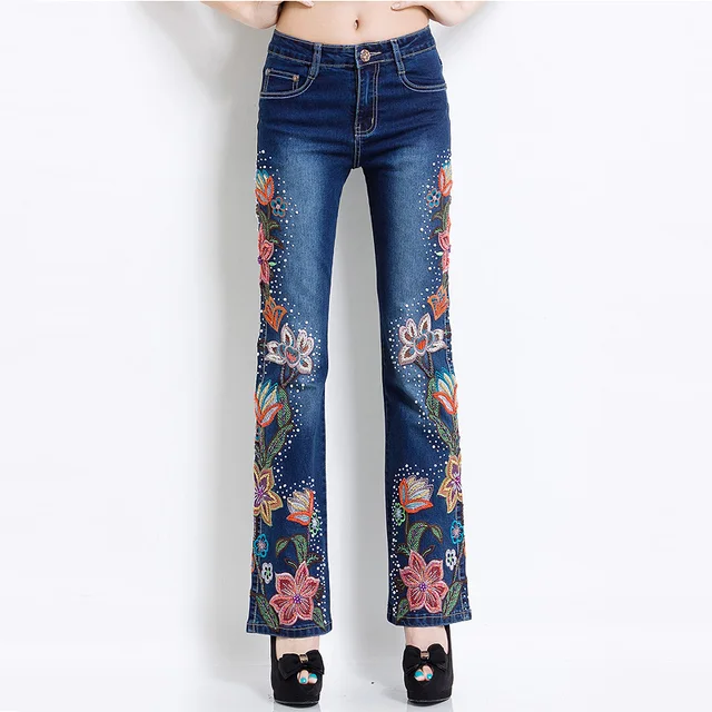 Buy Women Embroidered Beaded Jeans Rhinestone Bell